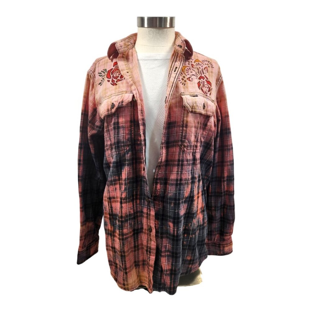 Upcycled Hand PaintedFlowers Butterflies Flannel Shirt - Bleached Red M - Picture 4 of 10